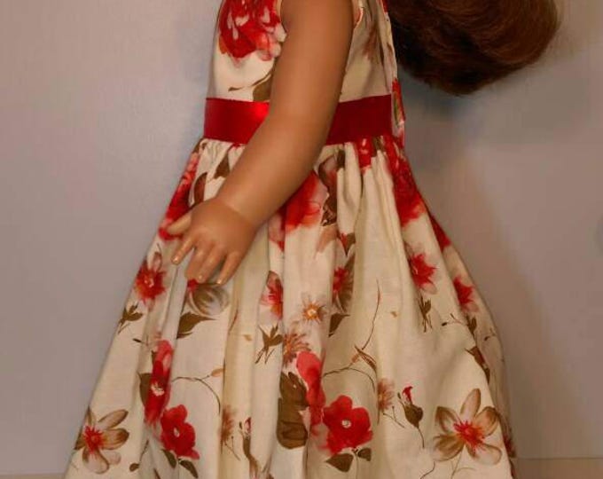 Long red summer rose print dress fits 18 inch dolls - Derbyshire dress - run for the roses