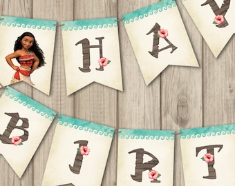 MOANA BIRTHDAY BANNER, Moana Banner Happy Birthday, Moana Invitation, Moana Birthday Decoration, Printable Moana Birthday Banner