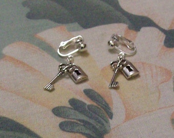 Clip on or Pierced Tibetan Silver Key and Lock Earrings