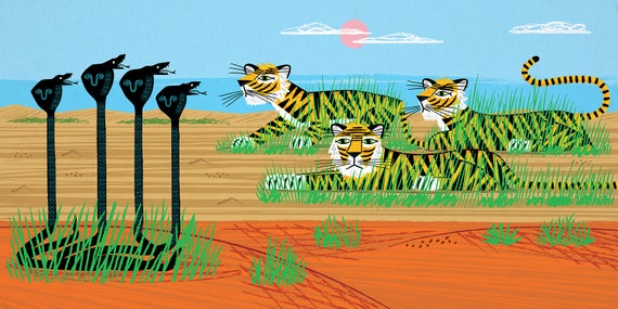 Tigers and Cobras - Nature / Wildlife - Childrens Art - Animal Art - Kids Art - Limited Edition Art Poster Print by Oliver Lake