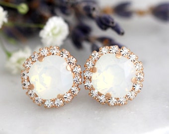 Opal Earrings, Bridal Opal Earrings, White Opal Swarovski Studs, Opal Gold Earrings, Bridesmaids Opal Earrings, Gift For Her, Opal Studs