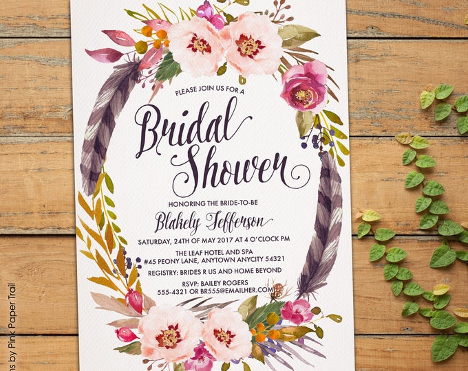 Boho Bridal Shower Invitation, Rustic Boho Chic Bohemian Spring Summer Printable Invitation