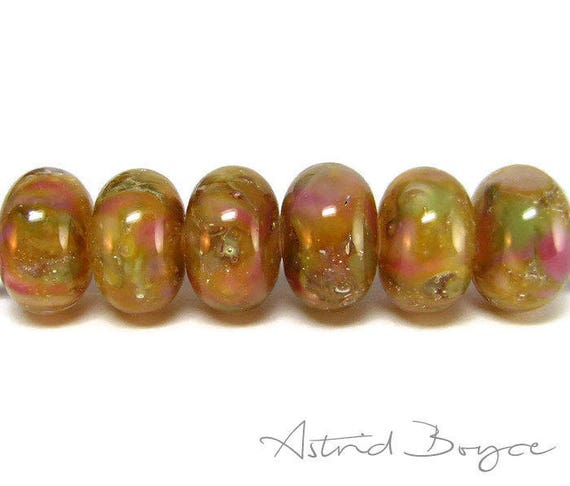 Golden Spring Artisan Lampwork Glass Beads 6 piece set - Self Representing Artist SRA B195 -Glass beads with pink silver green and gold hues