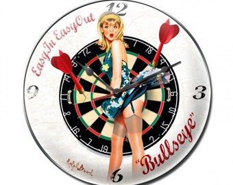 Vintage metal wall clock, easy in easy out bullseye, man cave, sports bar, garage decor, pin up girl, darts