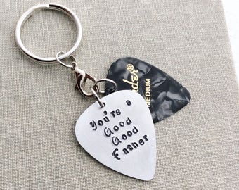 Personalized Guitar Pick Keychain with Spare Fender Pick