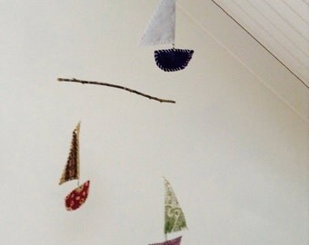 Sail boat mobile, textile art, eco friendly home, boho decor, nursery decor