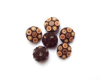 6 Brown Glass Buttons, Flower Vintage Buttons, Flowers