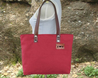 Red canvas tote bag, personalized shoulder bag, leather strap diaper bag, women's bag, unique travel bag