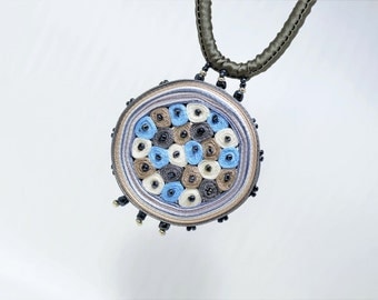 Minimalist necklace blue, beaded textile necklace blue, dotted fabric necklace blue, blue pendant beaded, gift for woman - Textile jewelry