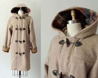 vintage wool coat / tan wool hooded coat / kilim pattern / toggle coat / large