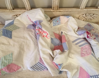 Shabby Farmhouse Vintage Quilt - Bright Pastels - Soft, Worn Tattered Quilt - Twin Size