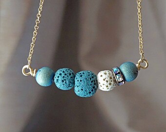 Dark Teal Blue Aromatherapy Necklace Essential Oil Diffuser Necklace Druzy Lava Stone