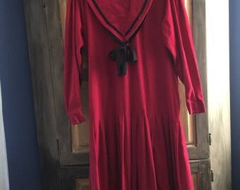 Vintage Laura Ashley Sailor Dress in Red Pinwale Corduroy With a Dropped Waist USA size 10