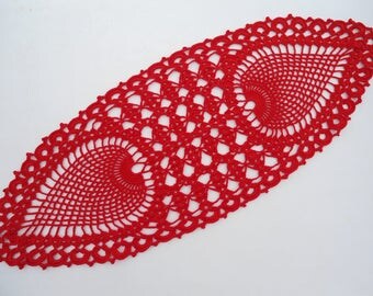 Oval crochet doily, red crochet doilies, pineapple crochet doily, crochet table runner, 23" x 9"