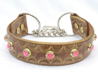 Gold Leather Greyhound Collar, Leather Sighthound Collar, Gold Leather Martingale Collar, Dog Collar, Medium 17/18"