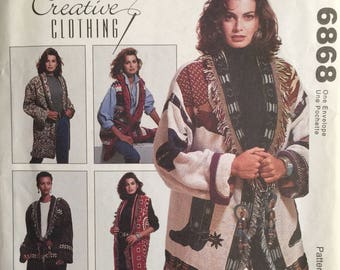 McCall's Crafts 6868, Size One Size, Misses' Unlined Jacket and Unlined Vest Pattern, UNCUT, Vintage 1993, Creative Clothing, Afghan Jacket