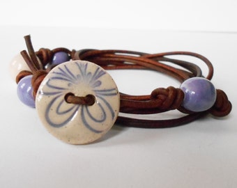 purple flower bracelet, purple button leather wrap bracelet, bohemian bracelet, OOAK unique wraparound bracelet, gift for her
