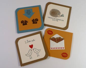 Mini Love Notes, set of 4, Mini cards with envelopes, adult lunch box notes, masculine unisex cards, I love us cards, hand stamped cards