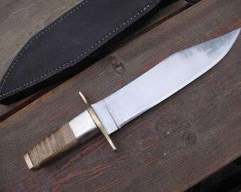 American Made Bowie Knife With 1070 Carbon Steel Blade, Hard Maple Figured Handle, Stirling Silver and Heavy Leather Sheath