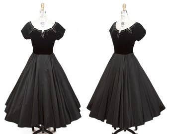 1950s Dress // Black Velvet Bodice Rhinestone Studded Full Skirt Party Dress
