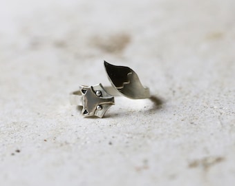 Silver fox ring, adjustable ring, animal ring, fox jewelry, sterling silver fox, fox wrap ring, fox head and tail, fox tail