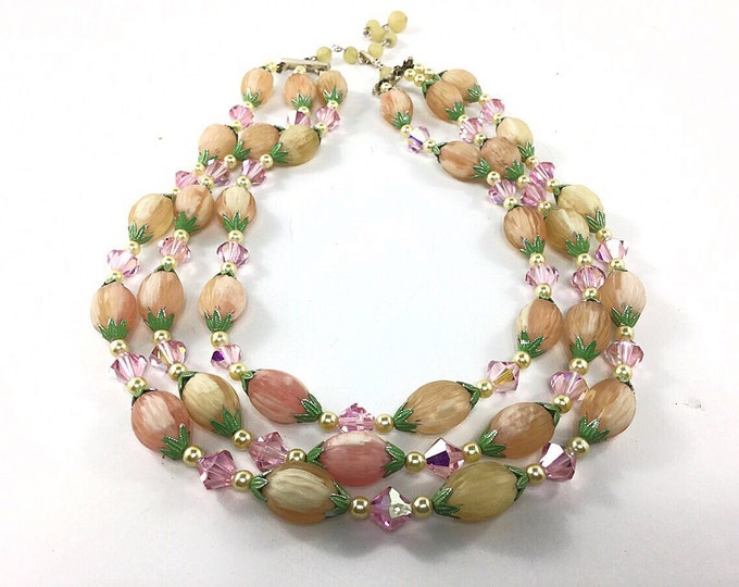 Vintage Japan 3 strand Necklace, Fruit style beads, green leaves,pink aurora borealis, yellow, pink necklace.Yellow necklace.Japan Necklace