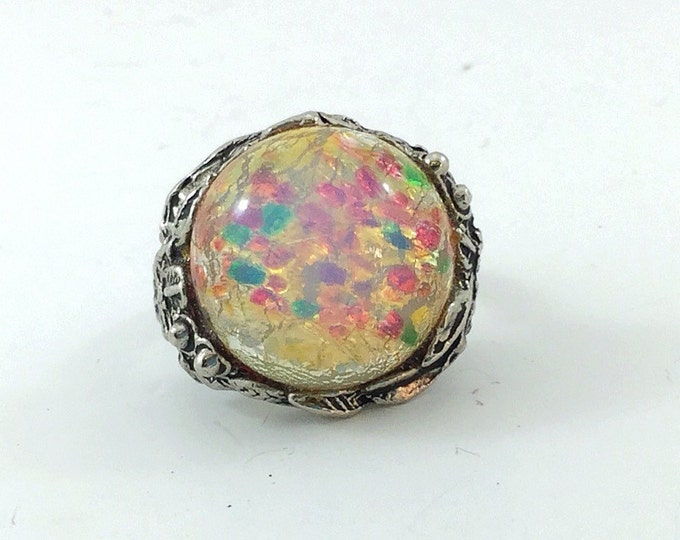Big Vintage Ornate Faux Opal Ring. Huge Opal glass canochon, leaf silver setting. Lots of colorful light.