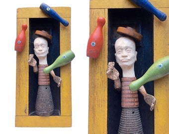 juggling CLOWN art, mixed media original, foundry mold assemblage, primitive art, folk art man clown by Elizabeth Rosen