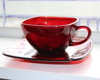 9 Royal Ruby Red Square Cup and Saucer Sets Vintage 1940s