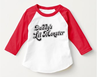 Suicide Squad "Daddy's Lil Monster" Tshirt Harley Quinn Cosplay Shirt Suicide Squad Tshirt UNISEX CHILD 3/4 Sleeve Raglan (SCREENPRINTED)