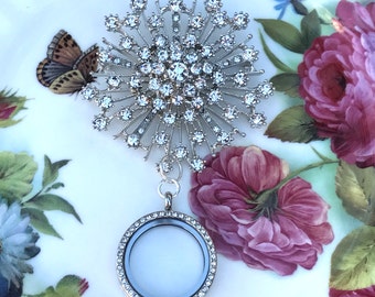 Rhinestone Starburst Brooch Memory Locket, Vintage Wedding Bouquet Photo Charm, Bridal Bouquet Photo Locket, MoniquesBijouxStudio