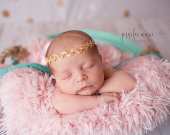 Gold Newborn Baby Girl Boho Crown Headband Tieback Halo, Photo Prop, Photography Prop