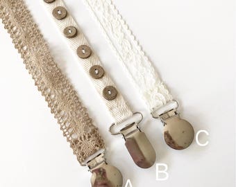Pacifier Clip/ Natural and Ivory Lace / Newborn Gift/ Baby Shower Gift/ Nature baby/ Hippie Baby/ Brother and Sister baby set/ nuk clip