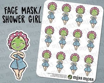 Light Skin Cute Face Mask Shower Spa Planner Stickers, Caucasian Asian White - Erin Condren, Happy Planner, Kikki K, Filofax, Decorative