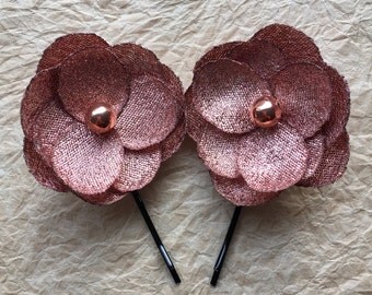 Rose gold hair flowers, bridesmaid hair clips, rose gold shoe clips, Wedding accessories, handmade hair pin, sew on ornament, bridal brooch