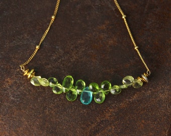 Bar Necklace. Apatite and Peridot Necklace, Blue and Green Teardrop Necklace. Gemstone Jewelry. NM-2189-4