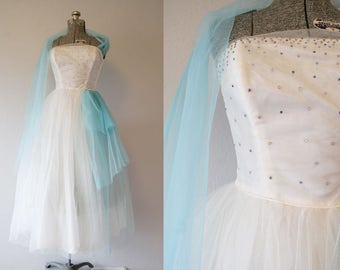 1950's Tulle Party Tea Length Prom Dress / Size Small