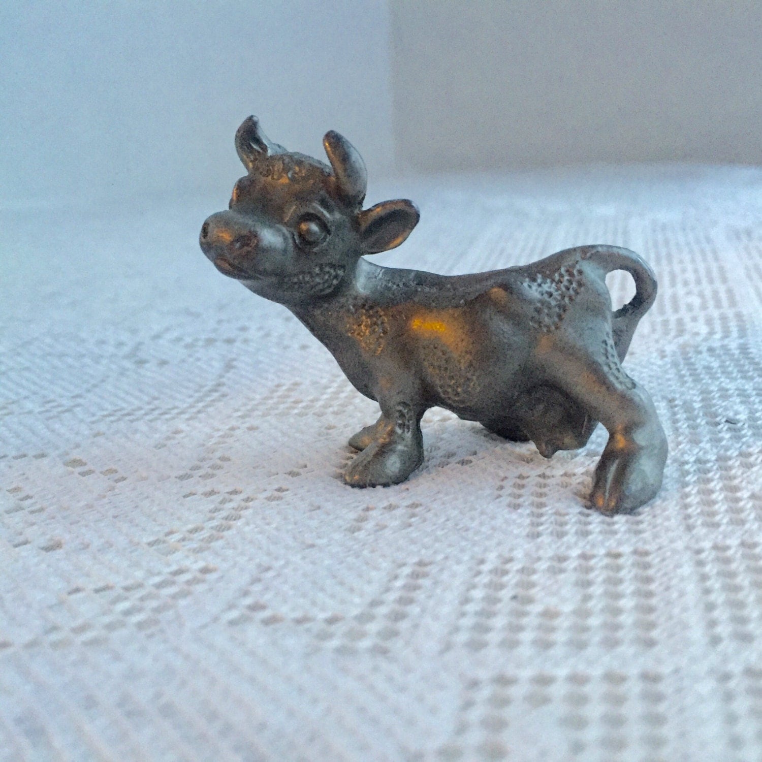 Miniature Vintage Pewter Cow Figurine / Collectible Cow by Cat
