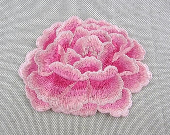 Pink Flower Embroidered Appliques, Fabric Peony Patch