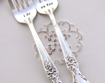 Mr. & Mrs. WEDDING Forks Cake Table Setting Decor DESSERT Forks Hand Stamped - VICTORIAN Rose 1954 - Ready To Ship