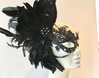 Black Lace Mask -Black Mask- Feather Mask -Masquerade Mask- Mayors Masked Ball -Costume Party- Masquerade Ball- Mardi Gras Mask- Rhinestone