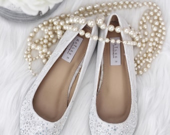 WOMEN WEDDING SHOES - White Lace Pointy toe flats with rhinestones dazzled at toe - for brides, bridesmaid and wedding party