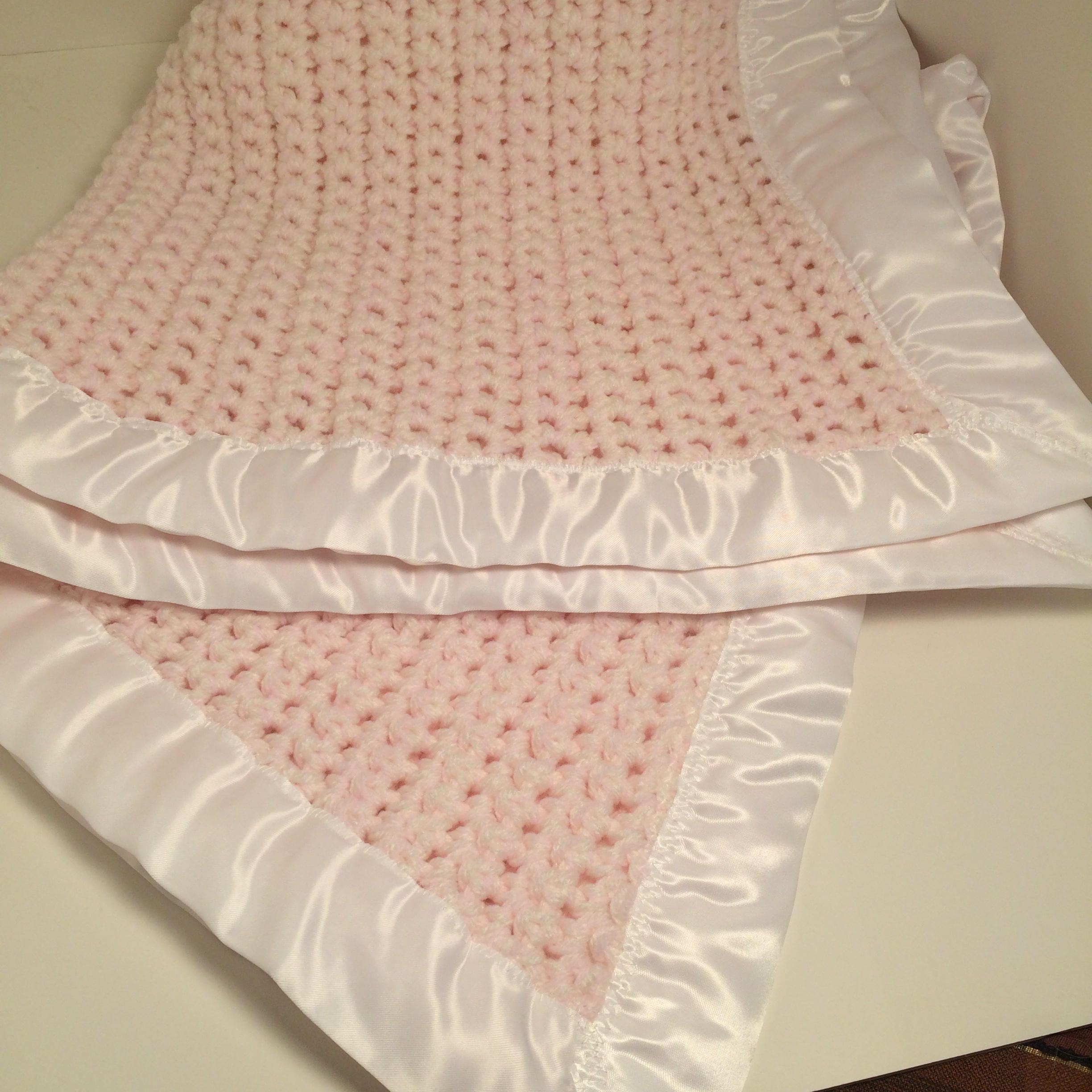 Crocheted Baby Blanket with satin binding Handmade in USA