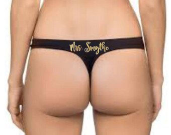 Custom Bridal Thong, Wedding Night Thong, Personalized Underwear, Wedding Panties, Black Gold Custom G-String, Sexy Thong, Wedding Gift