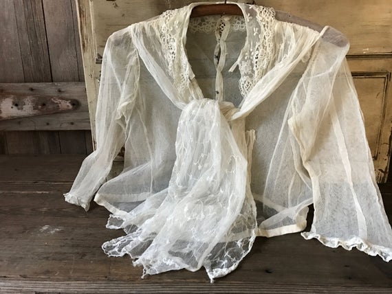 Antique Lace Blouse, Victorian Era, Tulle Lace Net, Period Clothing