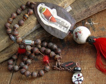 Necklace nomade pendant copper bird-hippie necklace-bohemian necklace-ethnic look-tribal inspiration-red-green-ivory-copper