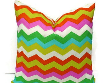 Outdoor Pillow Cover, Outdoor Cushions, Outdoor Throw Pillows, Pink Pillow, Green Pillow, Bright Pillow, Chevron Pillow