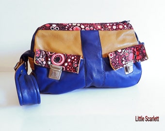 Purse mustard and blue leather + fabric circles