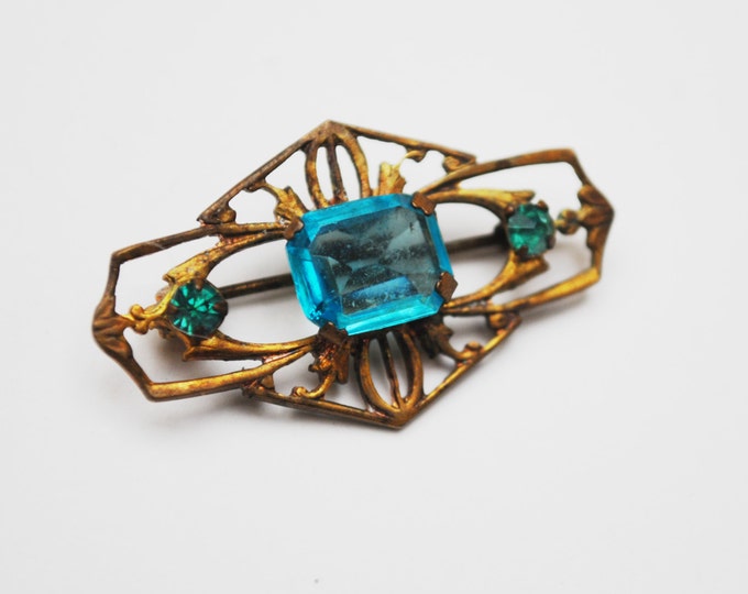 Art Deco Bar Brooch - Gold brass stamped - Aqua blue and Green Glass -Rhinestone - Vintage C clasp Pin