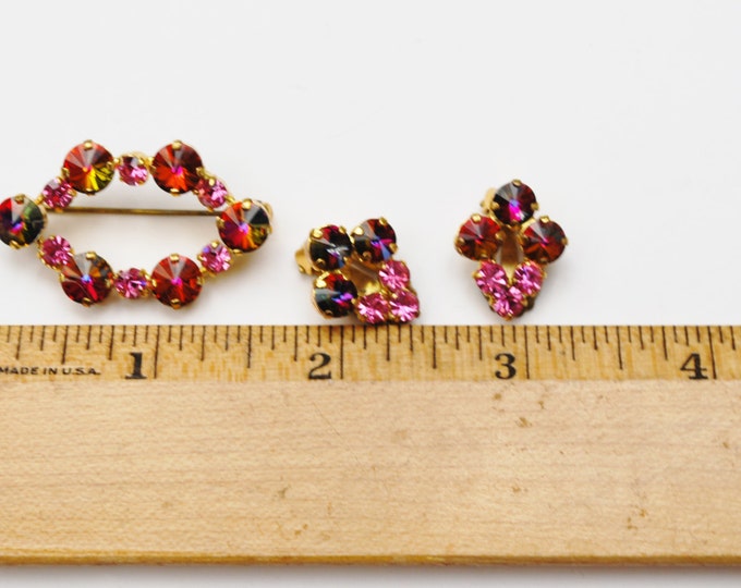 Pink Rivoli rhinestone Brooch earrings set - signed Austria - Pink yellow crystals - Gift for her